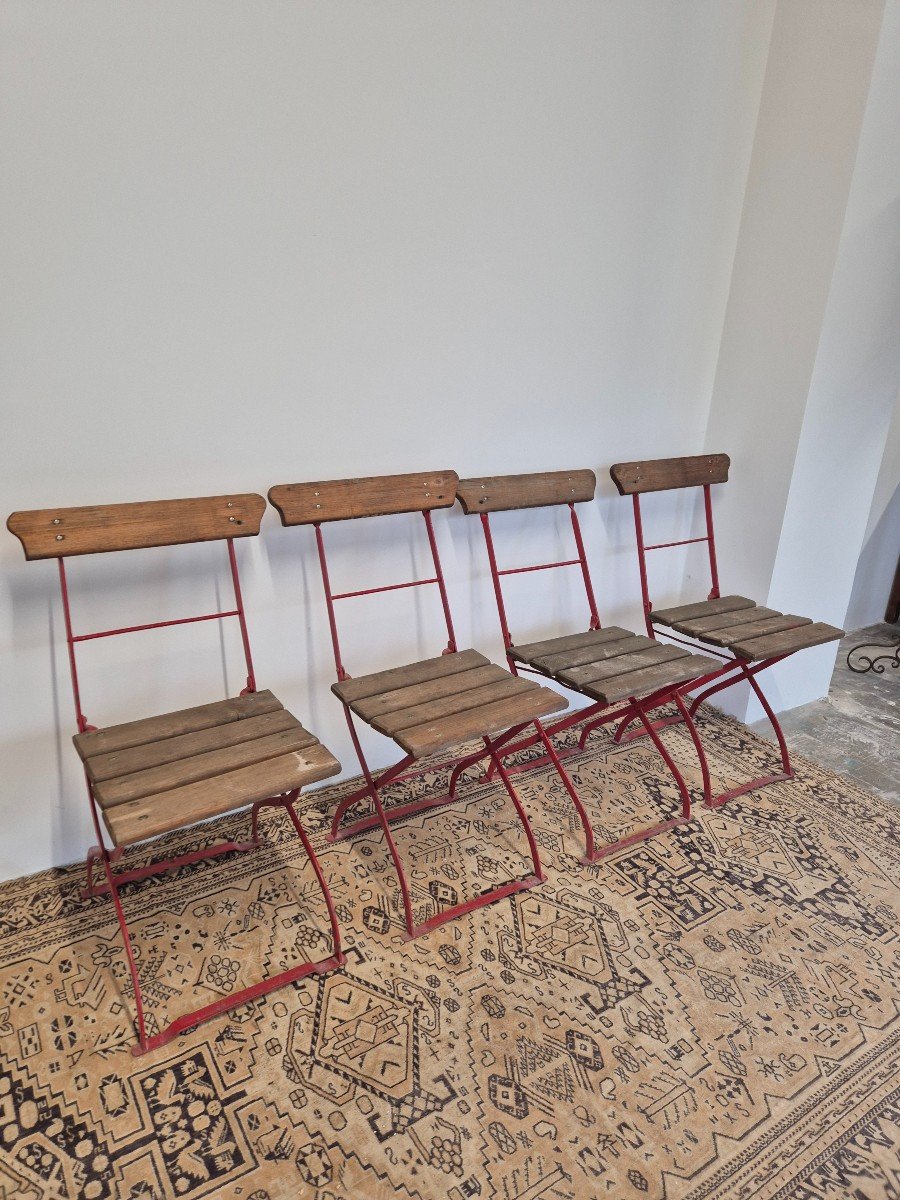 Elegant Series Of 4 Bistro Guinguette Or Even Brasserie Chairs, Old Manufacture-photo-3