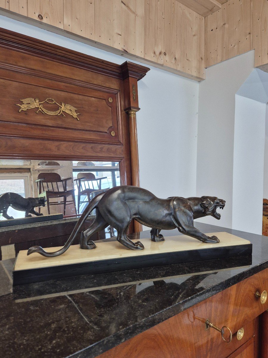 Magnificent Panther Sculpture In Spelter Signed Rochard 1930s Art Deco Period Marble Base -photo-2