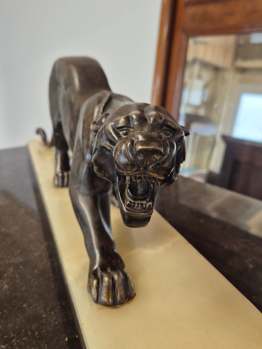 Magnificent Panther Sculpture In Spelter Signed Rochard 1930s Art Deco Period Marble Base -photo-4