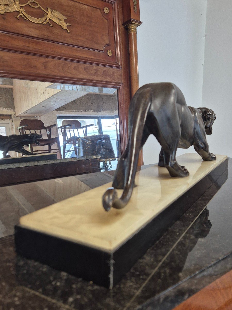 Magnificent Panther Sculpture In Spelter Signed Rochard 1930s Art Deco Period Marble Base -photo-2