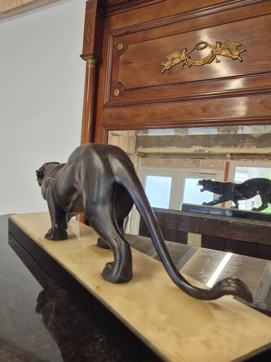 Magnificent Panther Sculpture In Spelter Signed Rochard 1930s Art Deco Period Marble Base -photo-3