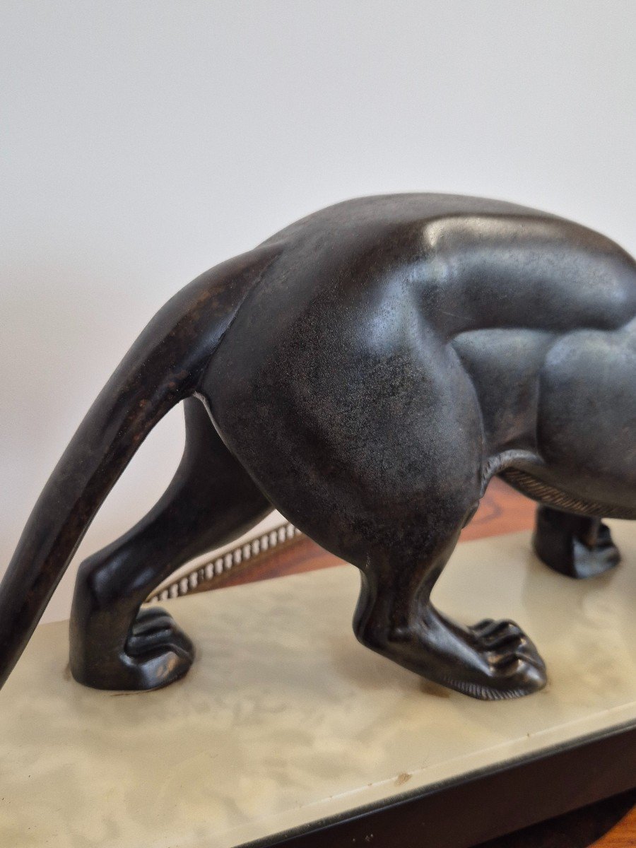 Magnificent Panther Sculpture In Spelter Signed Rochard 1930s Art Deco Period Marble Base -photo-5