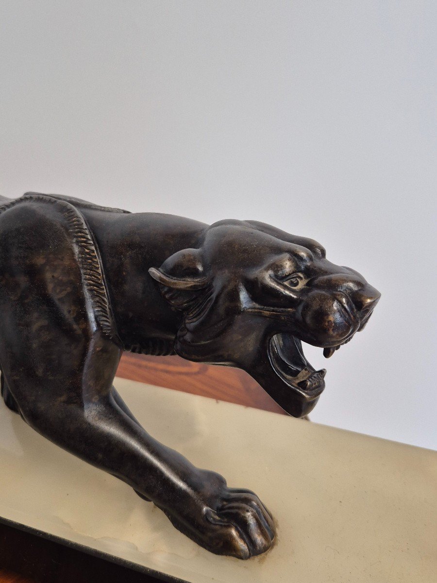 Magnificent Panther Sculpture In Spelter Signed Rochard 1930s Art Deco Period Marble Base -photo-6