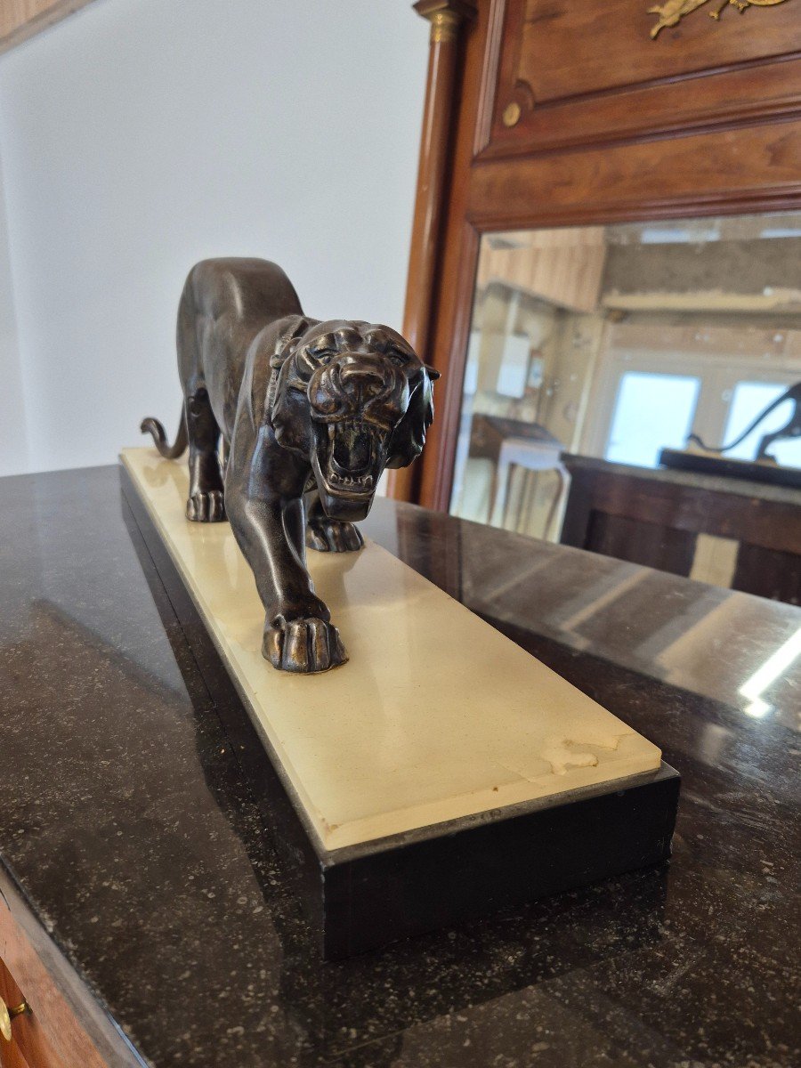 Magnificent Panther Sculpture In Spelter Signed Rochard 1930s Art Deco Period Marble Base -photo-8