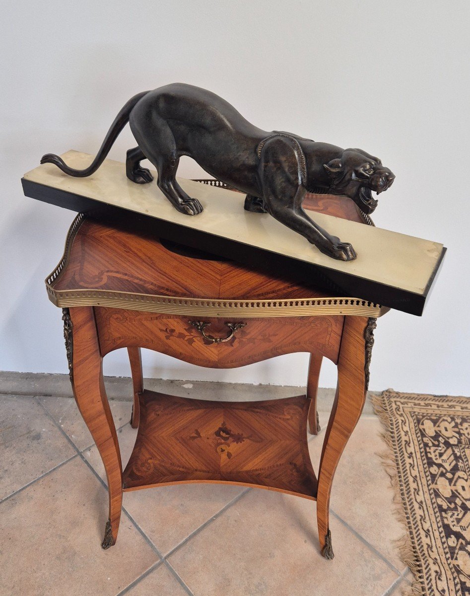 Magnificent Panther Sculpture In Spelter Signed Rochard 1930s Art Deco Period Marble Base 