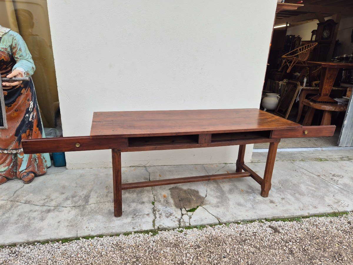 19th Century Solid Walnut Burgundy Farmhouse Table With Two Drawers - 1m82-photo-2