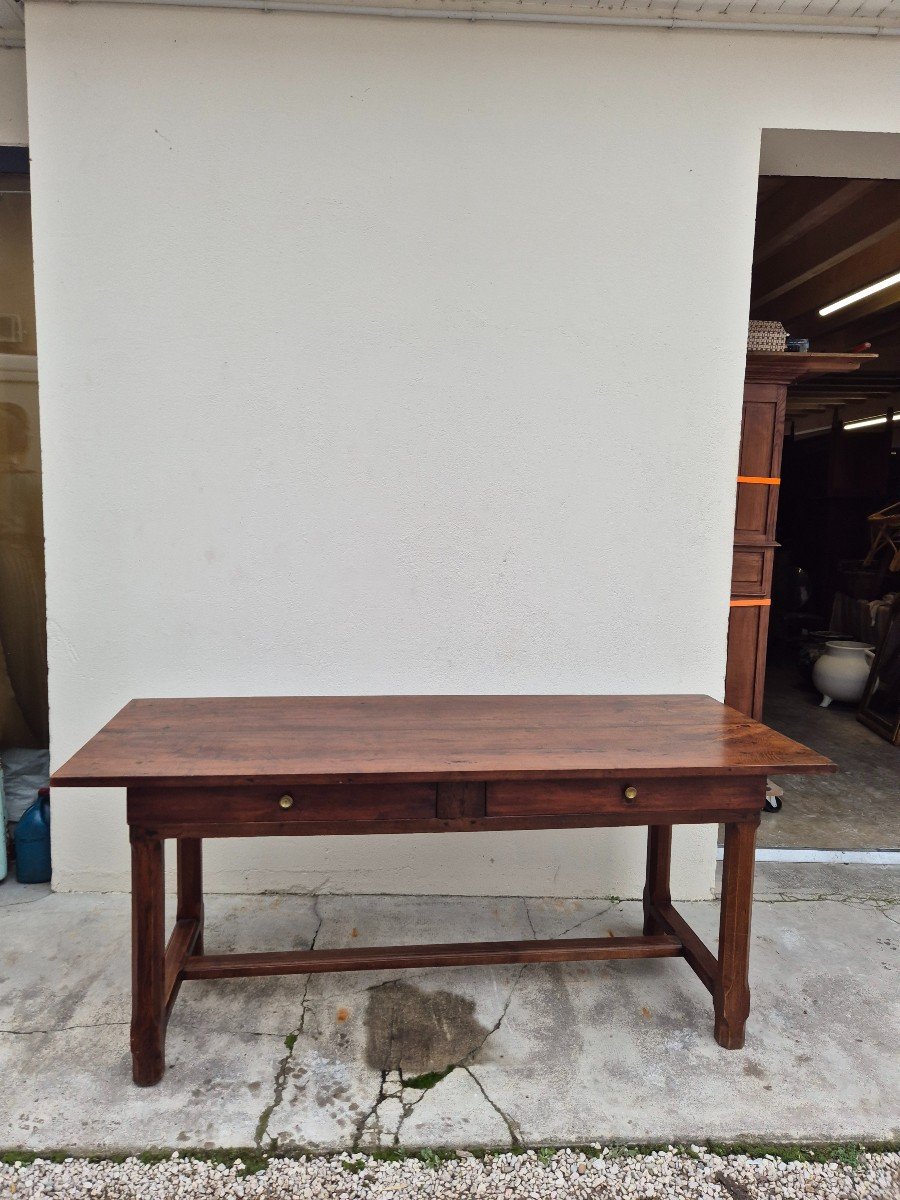 19th Century Solid Walnut Burgundy Farmhouse Table With Two Drawers - 1m82-photo-4