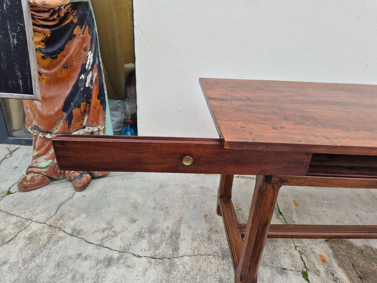 19th Century Solid Walnut Burgundy Farmhouse Table With Two Drawers - 1m82-photo-4