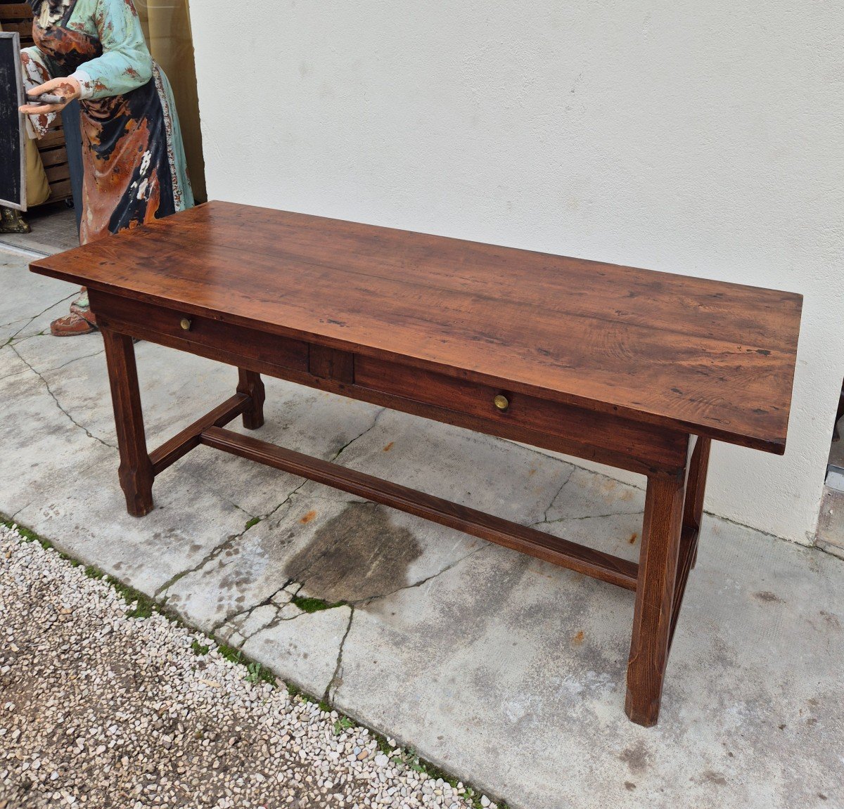 19th Century Solid Walnut Burgundy Farmhouse Table With Two Drawers - 1m82