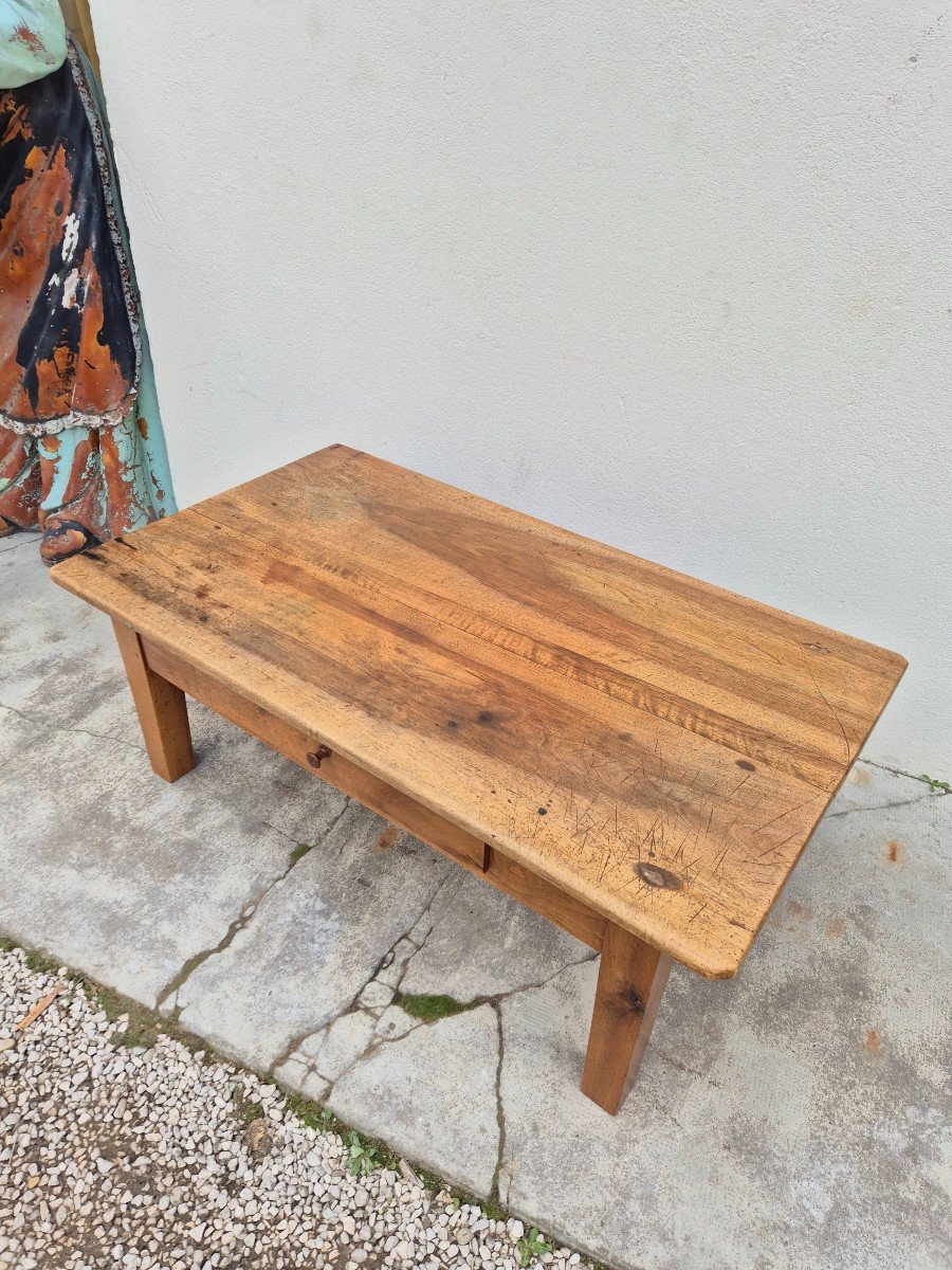 Table Basse De Ferme Rustique En Noyer Massif Un Tiroir- 1m20-photo-2