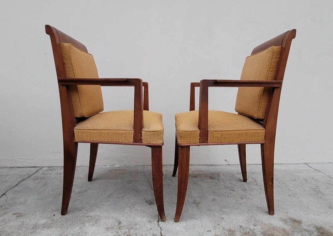 Pair Of Art Deco Bridge Armchairs In Solid Walnut -photo-2