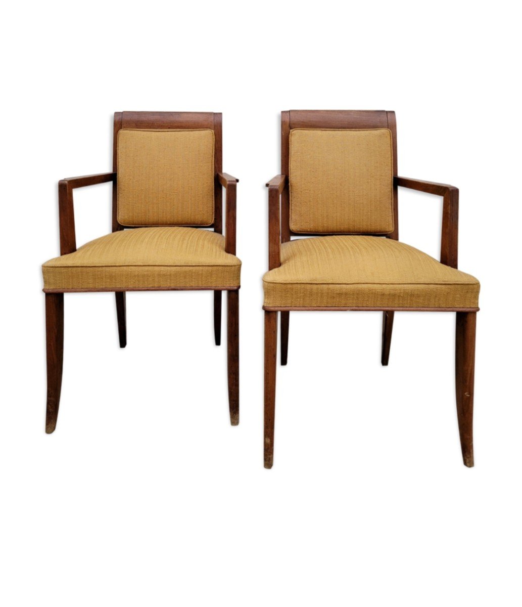 Pair Of Art Deco Bridge Armchairs In Solid Walnut -photo-3