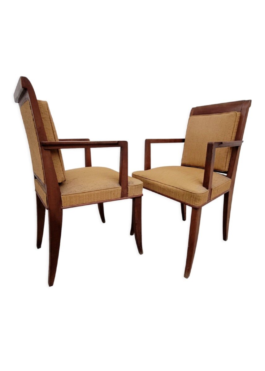 Pair Of Art Deco Bridge Armchairs In Solid Walnut -photo-4