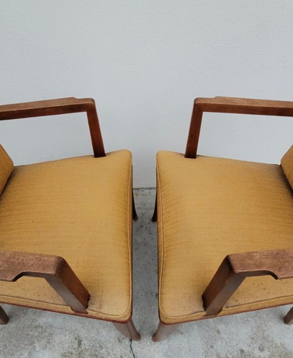 Pair Of Art Deco Bridge Armchairs In Solid Walnut -photo-2