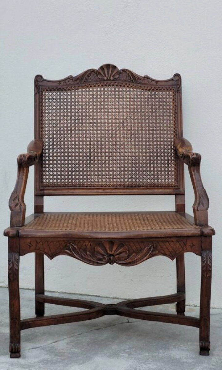 Louis XV Regency Cane Armchair Decorated Leather Armrests 