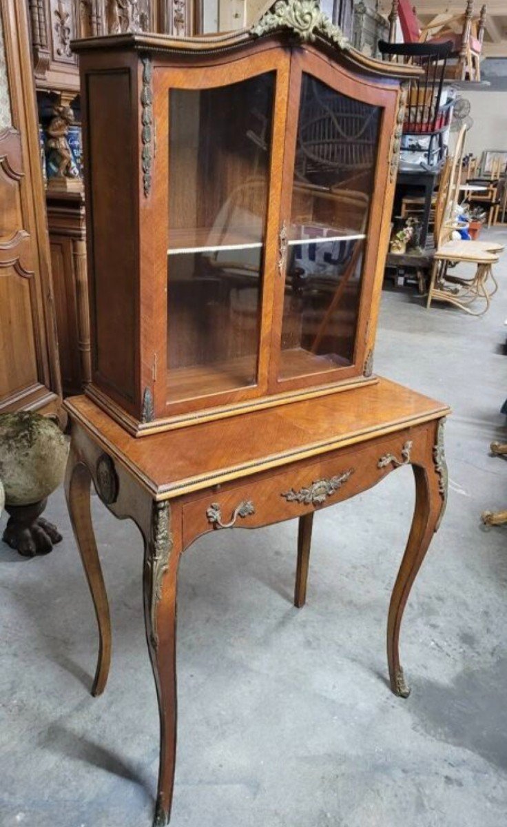 Bonheur Du Jour Louis XV Style Desk Display Case In Marquetry And Decorated Rosewood -photo-2