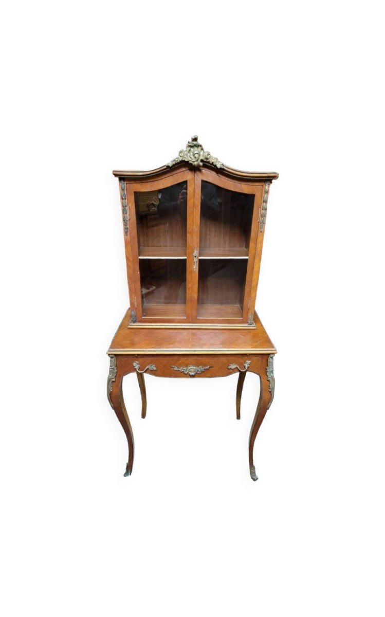 Bonheur Du Jour Louis XV Style Desk Display Case In Marquetry And Decorated Rosewood -photo-3