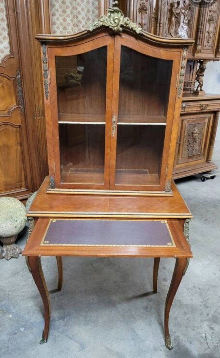 Bonheur Du Jour Louis XV Style Desk Display Case In Marquetry And Decorated Rosewood -photo-4