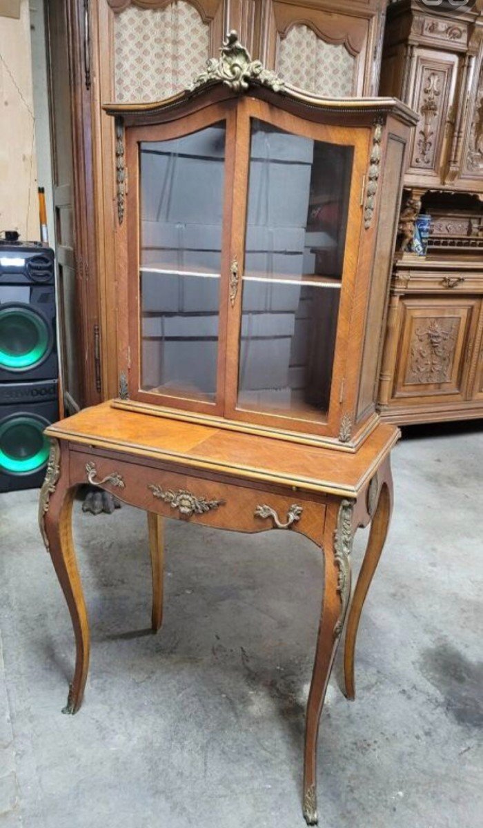 Bonheur Du Jour Louis XV Style Desk Display Case In Marquetry And Decorated Rosewood 