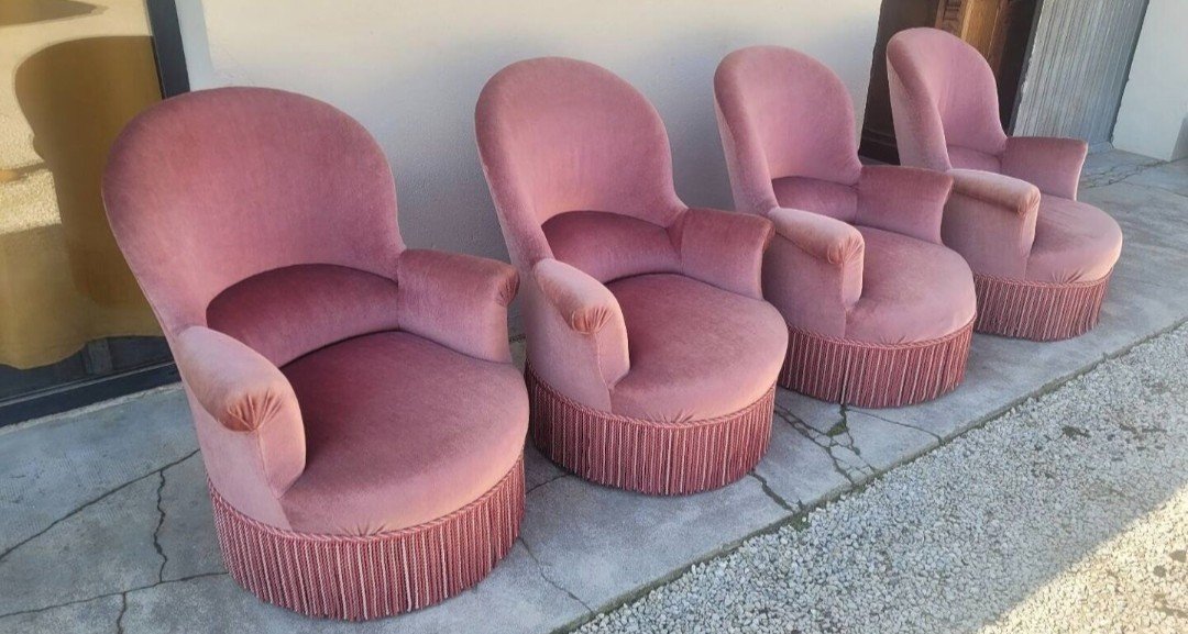 Magnifique Série De 4 Fauteuils Crapauds En Velours d'Origine d'époque 1930s -photo-3