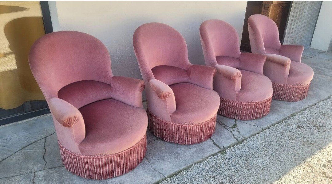 Magnifique Série De 4 Fauteuils Crapauds En Velours d'Origine d'époque 1930s 