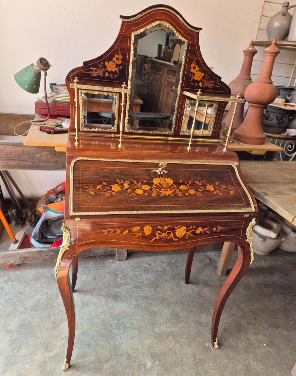 Bonheur Du Jour Louis XV Style Secretary In Rosewood Marquetry Decorated In Gilded Bronze -photo-2