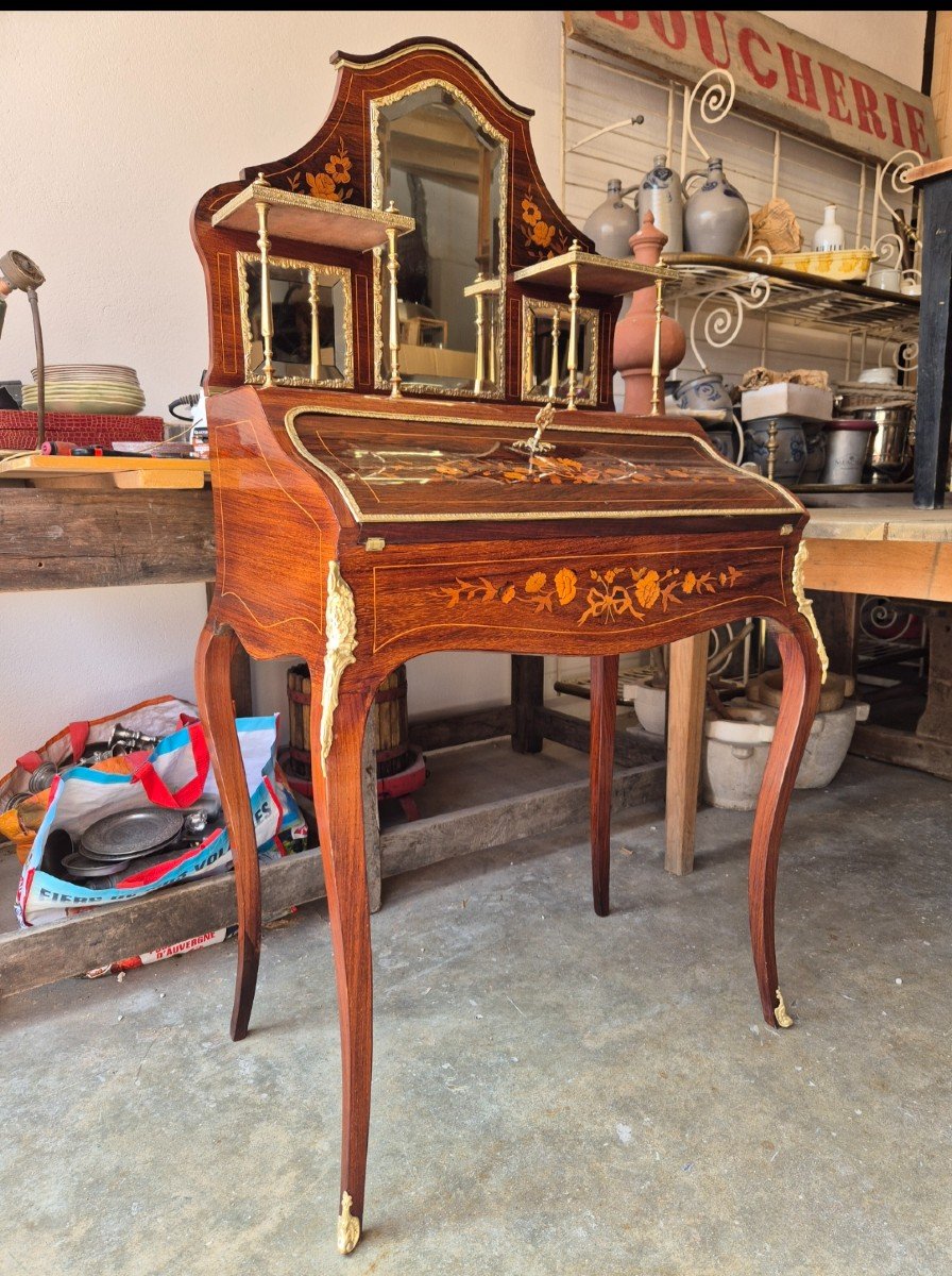 Bonheur Du Jour Louis XV Style Secretary In Rosewood Marquetry Decorated In Gilded Bronze -photo-3