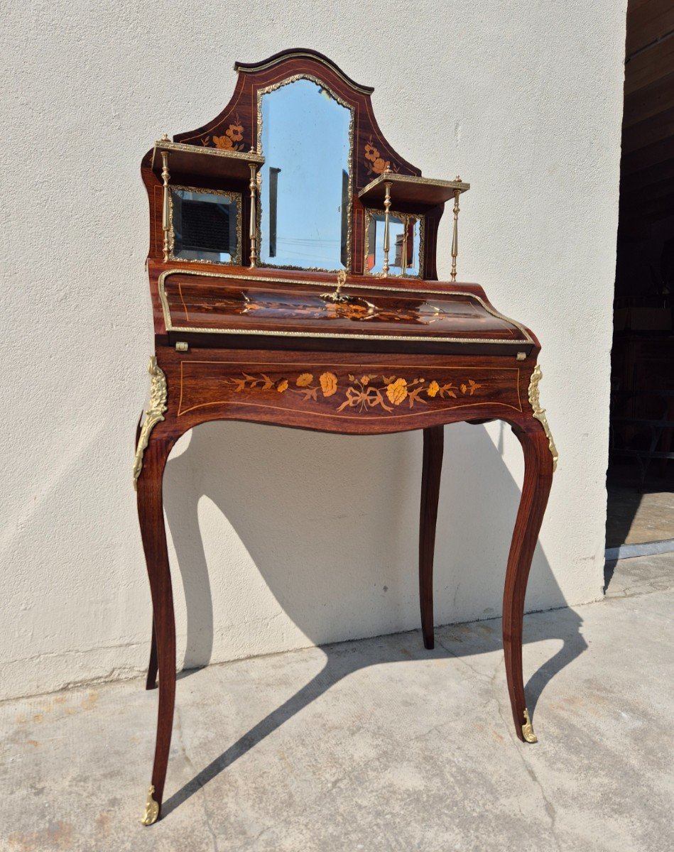 Bonheur Du Jour Louis XV Style Secretary In Rosewood Marquetry Decorated In Gilded Bronze -photo-4