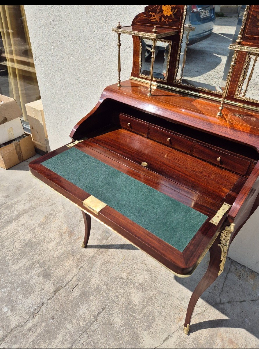 Bonheur Du Jour Louis XV Style Secretary In Rosewood Marquetry Decorated In Gilded Bronze -photo-1