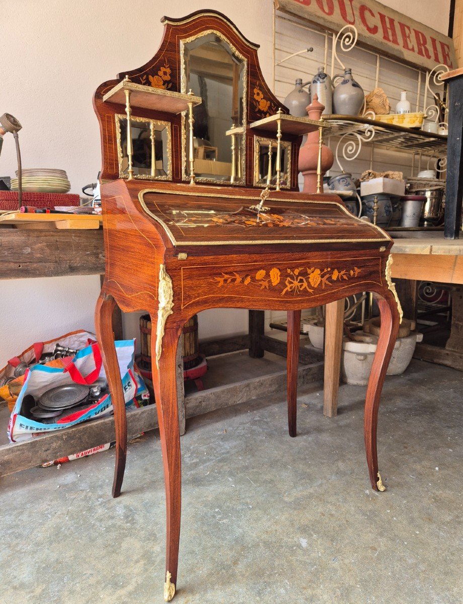 Bonheur Du Jour Louis XV Style Secretary In Rosewood Marquetry Decorated In Gilded Bronze -photo-5