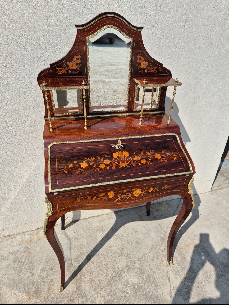 Bonheur Du Jour Louis XV Style Secretary In Rosewood Marquetry Decorated In Gilded Bronze 