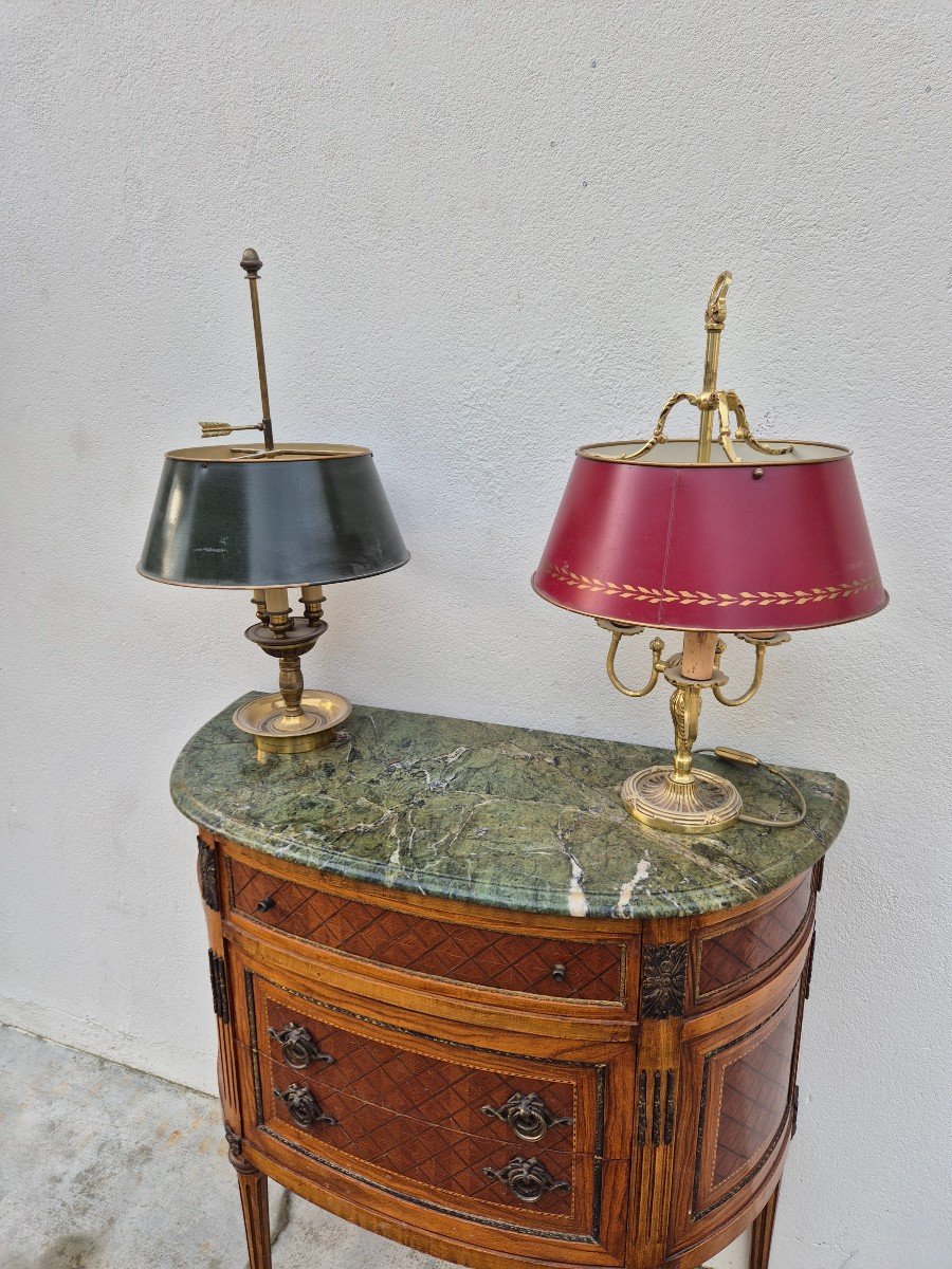 Commode Demi-lune Style Louis XVI En Marqueterie, Bronze Et Marbre -photo-2