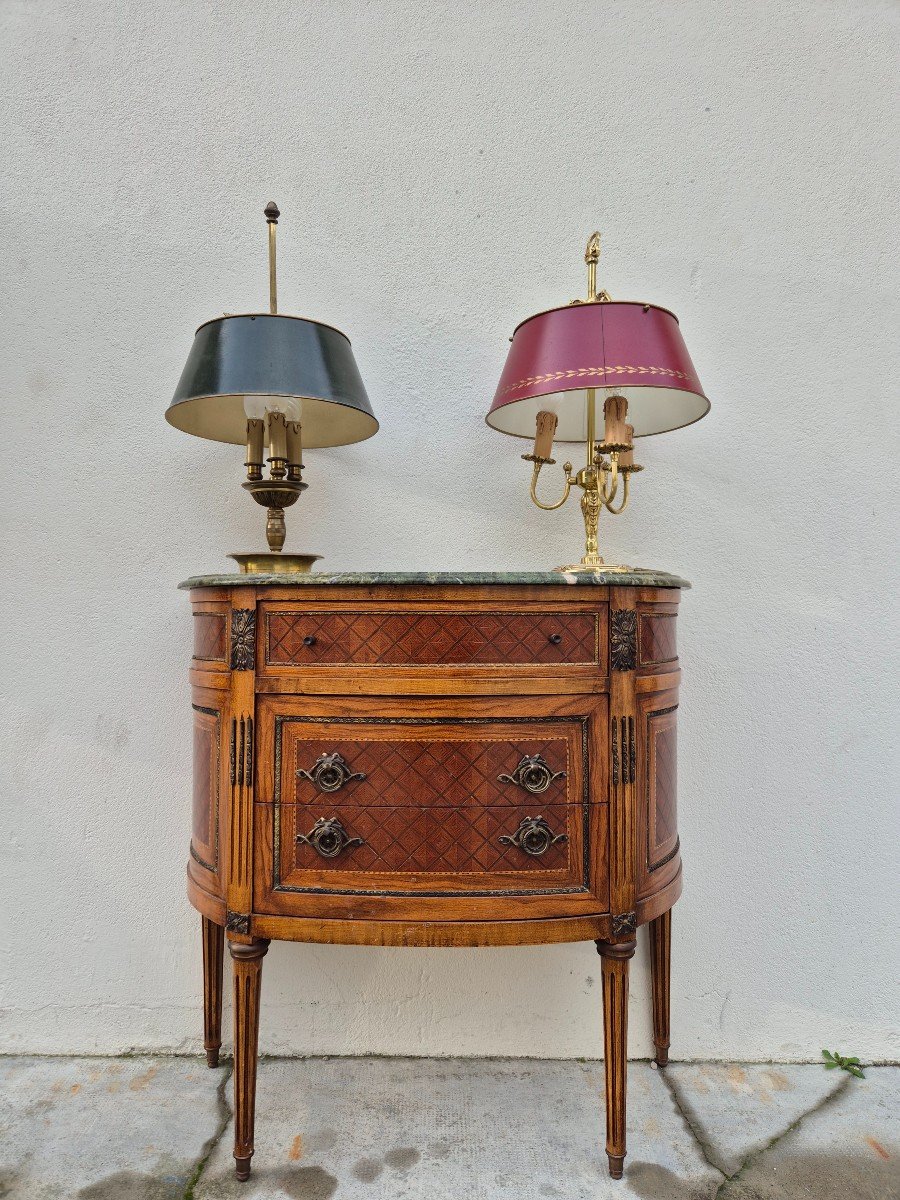 Commode Demi-lune Style Louis XVI En Marqueterie, Bronze Et Marbre -photo-3