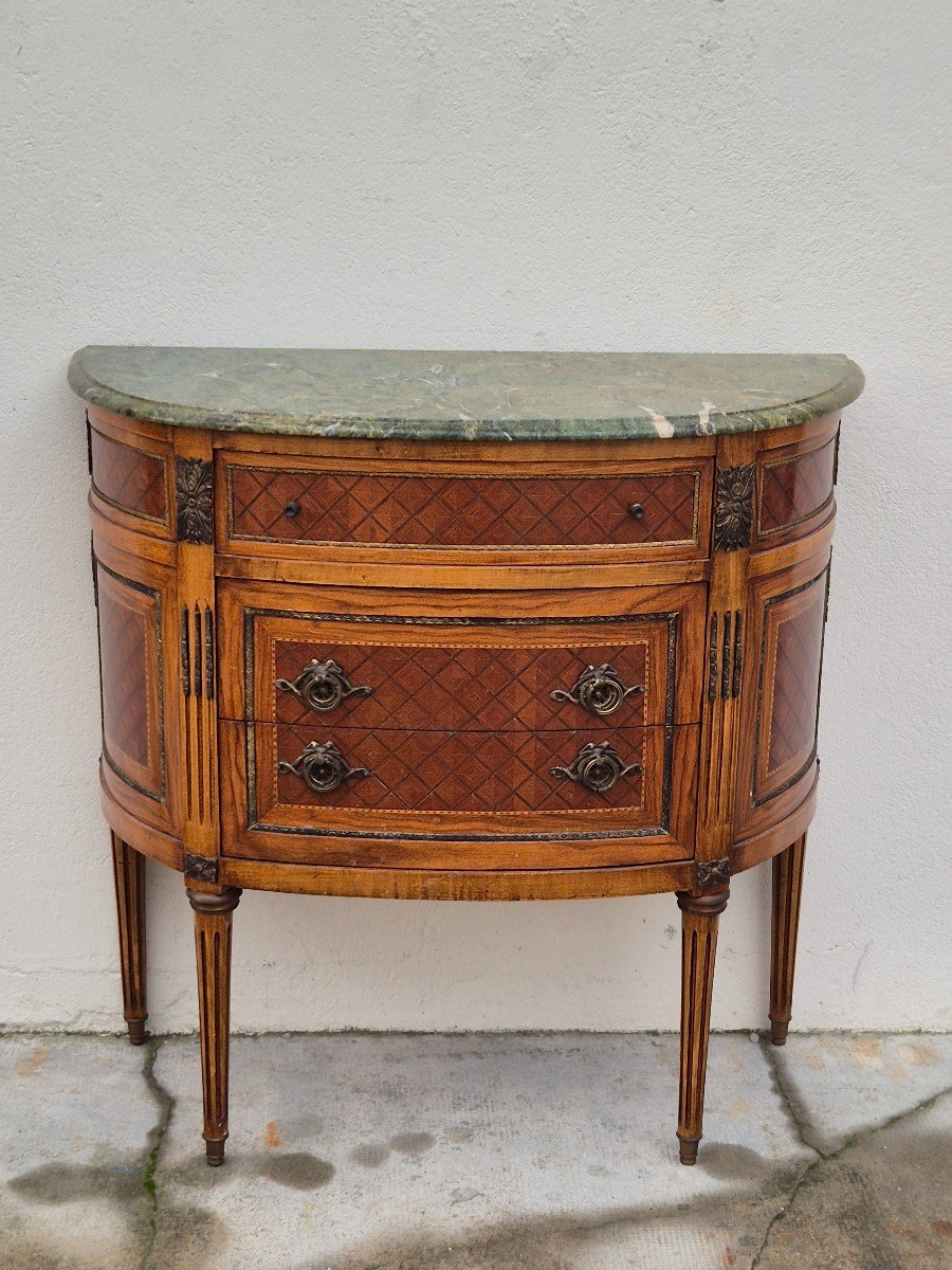 Commode Demi-lune Style Louis XVI En Marqueterie, Bronze Et Marbre -photo-4