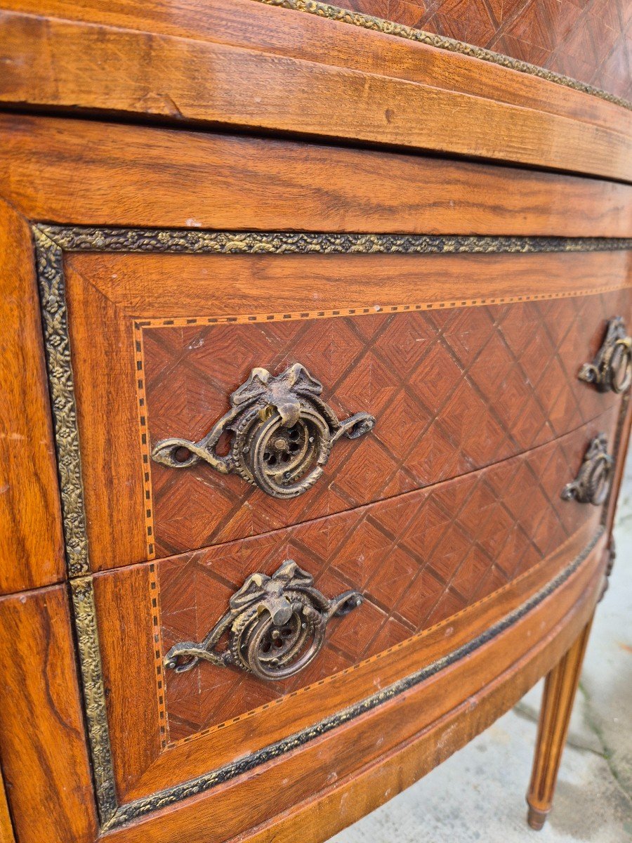 Commode Demi-lune Style Louis XVI En Marqueterie, Bronze Et Marbre -photo-2