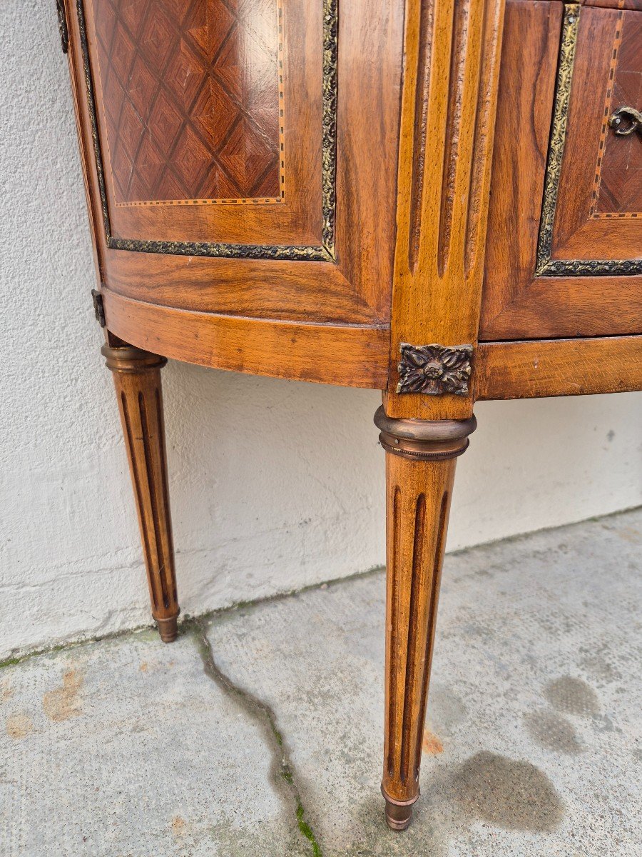 Commode Demi-lune Style Louis XVI En Marqueterie, Bronze Et Marbre -photo-7