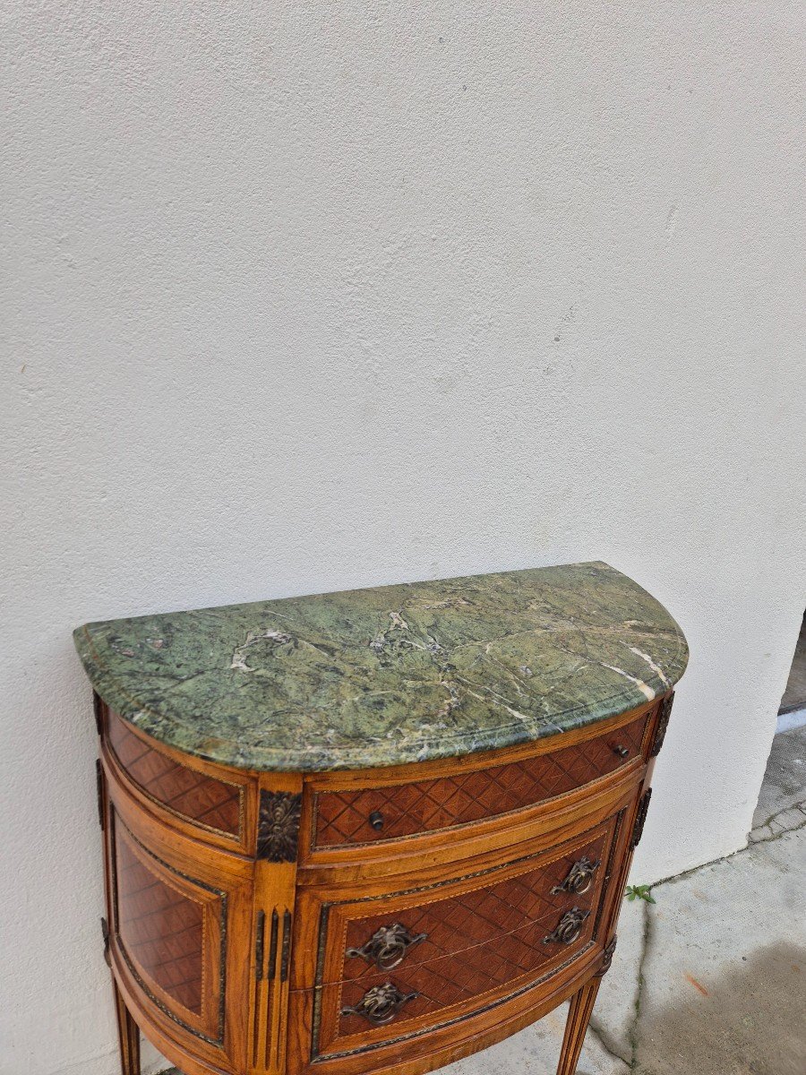 Commode Demi-lune Style Louis XVI En Marqueterie, Bronze Et Marbre -photo-8