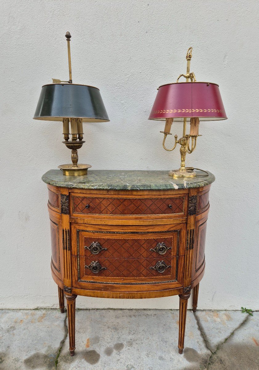 Commode Demi-lune Style Louis XVI En Marqueterie, Bronze Et Marbre 