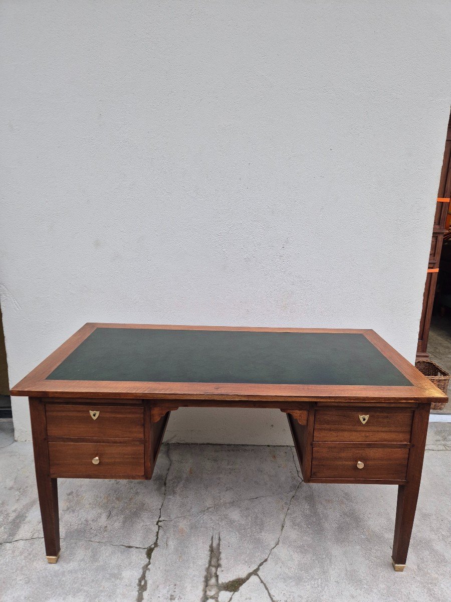 Louis XVI Style Minister's Desk In Solid Walnut, Including 4 Drawers, Antique Manufacture-photo-2