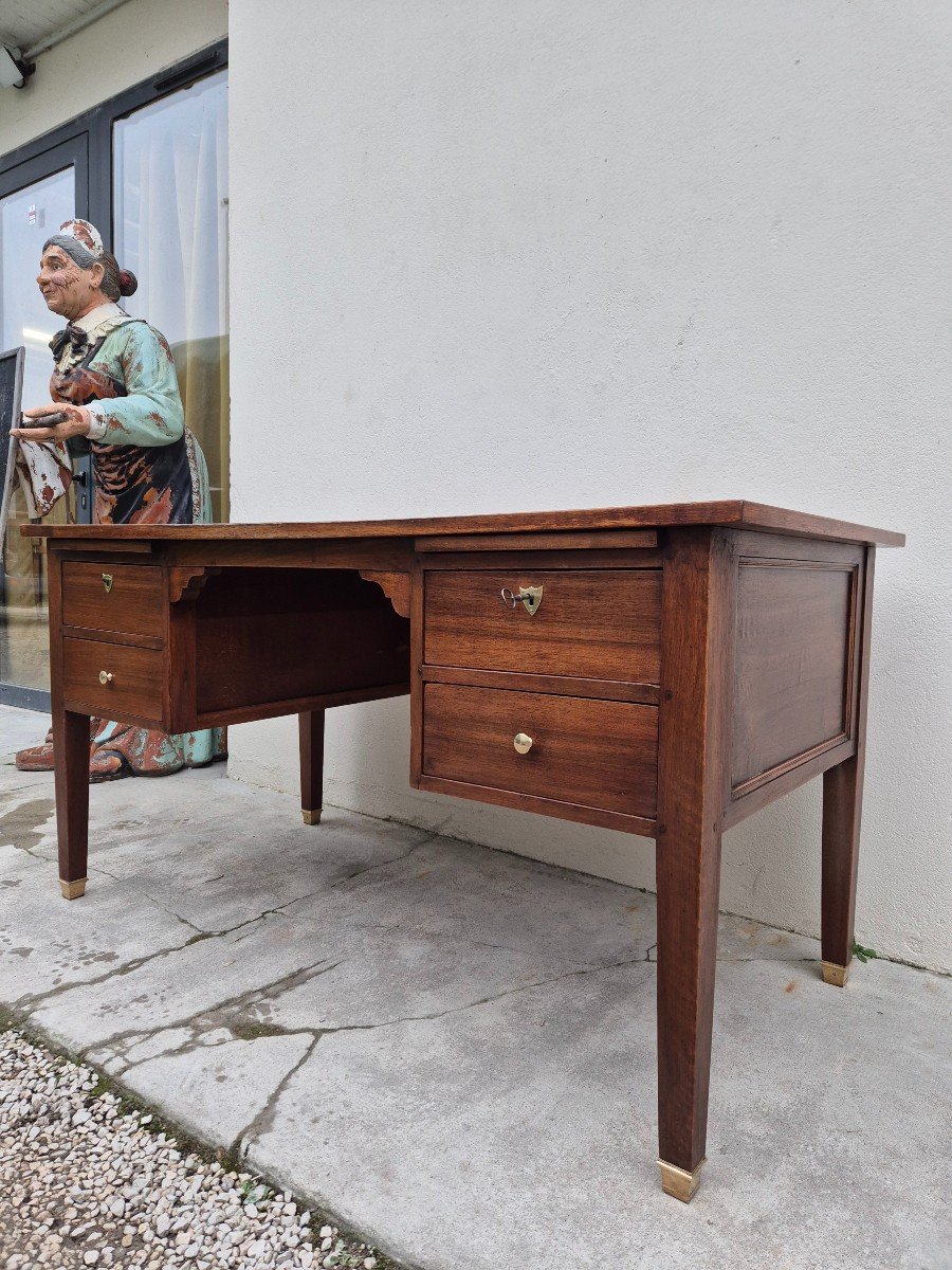 Louis XVI Style Minister's Desk In Solid Walnut, Including 4 Drawers, Antique Manufacture-photo-3