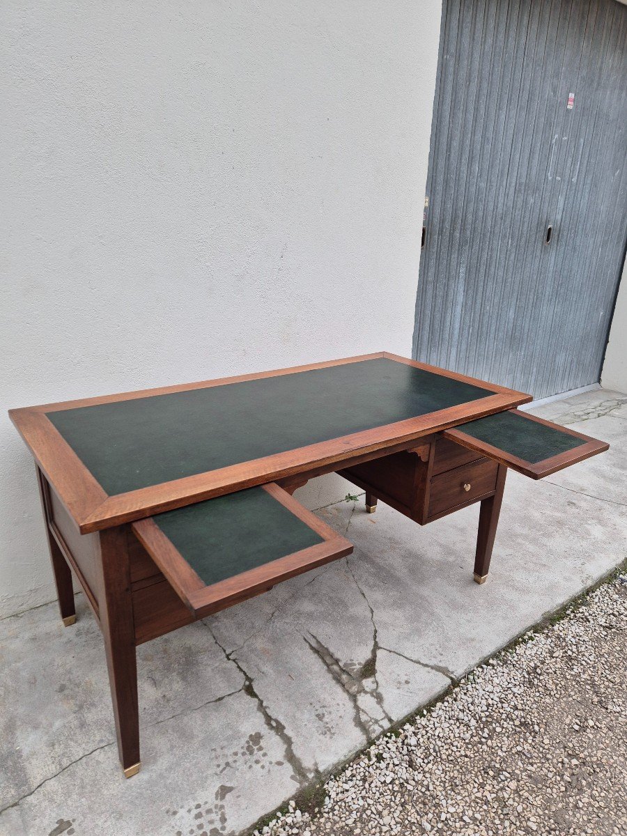 Louis XVI Style Minister's Desk In Solid Walnut, Including 4 Drawers, Antique Manufacture-photo-4