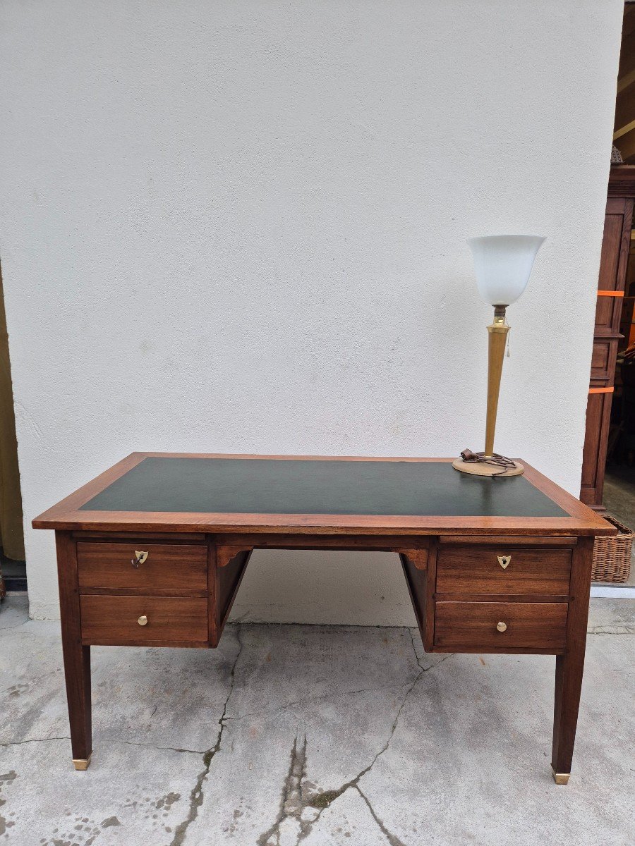 Louis XVI Style Minister's Desk In Solid Walnut, Including 4 Drawers, Antique Manufacture