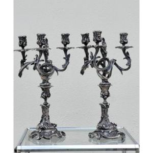 Pair Of Louis XV Candelabra Candlesticks In Silvered Bronze 