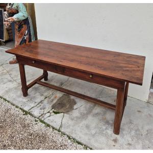 19th Century Solid Walnut Burgundy Farmhouse Table With Two Drawers - 1m82