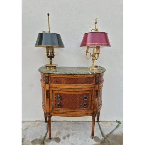 Commode Demi-lune Style Louis XVI En Marqueterie, Bronze Et Marbre 