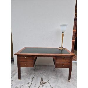 Louis XVI Style Minister's Desk In Solid Walnut, Including 4 Drawers, Antique Manufacture