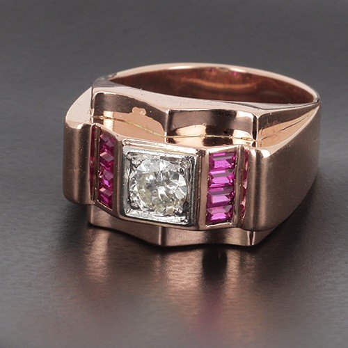 Tank Ring In 750‰ Yellow Gold With A Diamond Enhanced With Ruby-photo-2