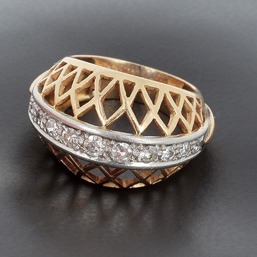 Retro Ring 750 ‰ Yellow Gold Wire Presenting A Line Of Diamonds -b10285