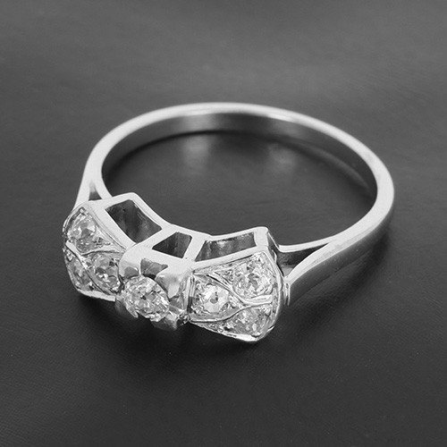 Bague Nœud Or Blanc 750‰ & Platine , Ensemble De 7 Diamants Taille Ancienne Pour 0.50ct -B10493-photo-2