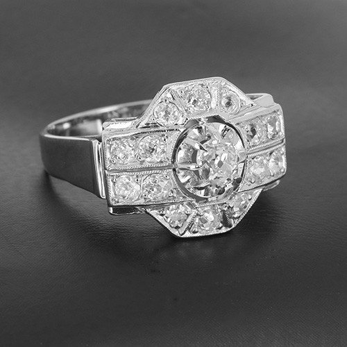 Bague En Or Blanc 750 ‰ Et Platine Présentant 15 Diamants Taille Ancienne Pour 1.20ct - B10489-photo-2